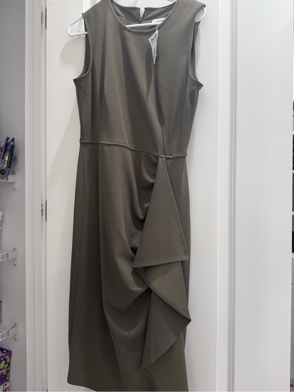 Calvin Klein Olive Draped Sleeveless Midi Dress
